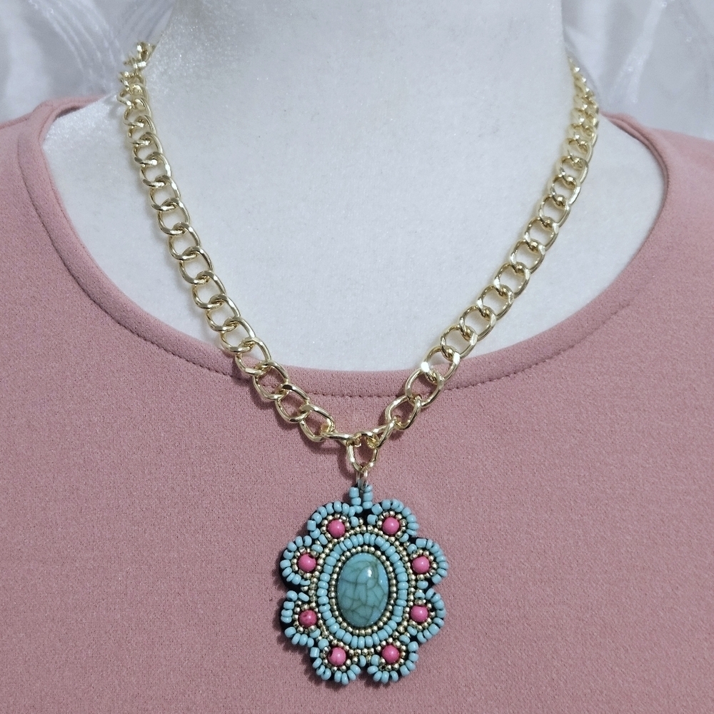 Boho Flower Seed Bead Pendant Necklace